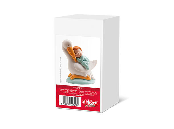 Barnedåp - Lyseblå baby på stork 1 Kakefigur i plast - 10cm