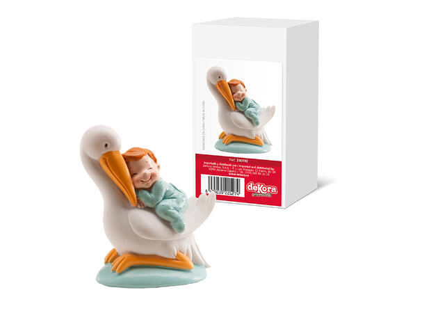 Barnedåp - Lyseblå baby på stork 1 Kakefigur i plast - 10cm