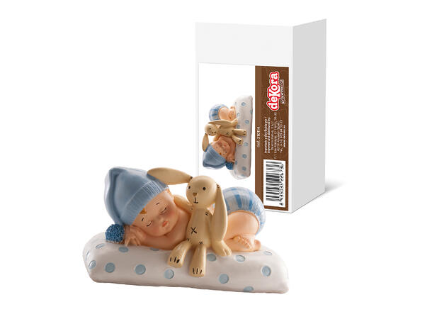 Barnedåp - Sovende gutt med Teddy 1 Kakefigur i plast - 10,5x6,5cm