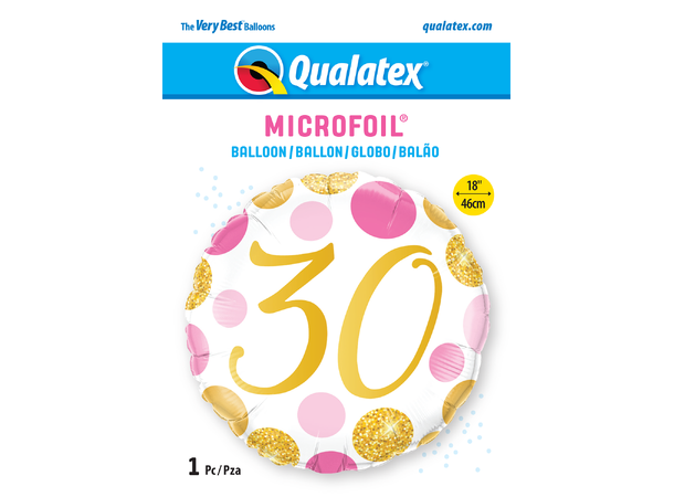 30 Birthday Pink & Gold Dots 1 Folieballong - 46cm (18")