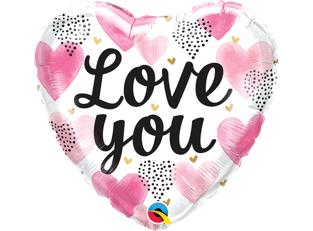 Love You Pink Watercolour Hearts 1 Folieballong - 46cm (18")
