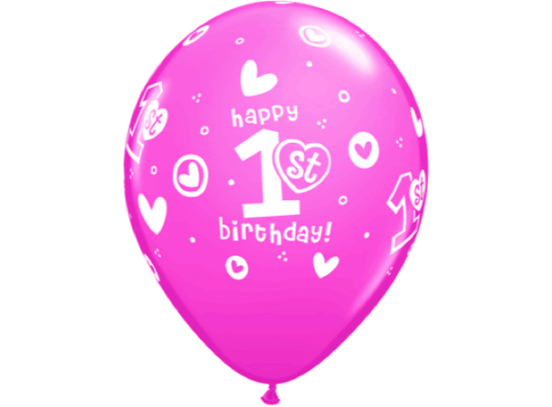 1st Birthday Circle Hearts - Girl 25 gummiballonger - 28cm (11")