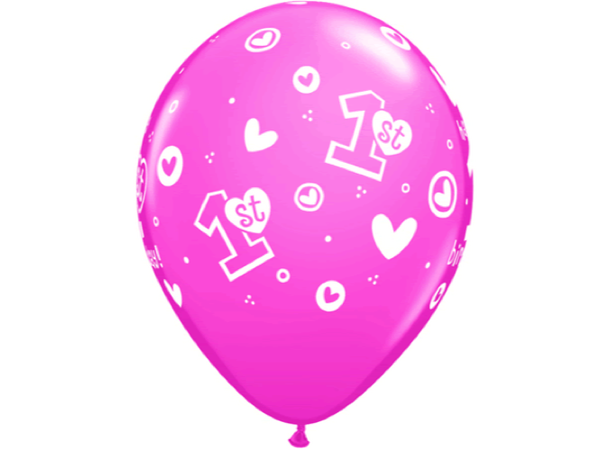 1st Birthday Circle Hearts - Girl 25 gummiballonger - 28cm (11")