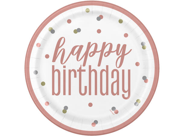 Rosegull Glitz - "Happy Birthday" 8 Plastfrie tallerkener i papp - 23cm