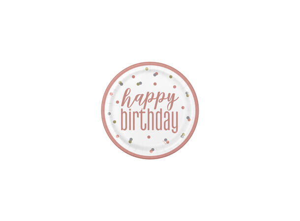 Rosegull Glitz - "Happy Birthday" 8 Plastfrie tallerkener i papp - 23cm
