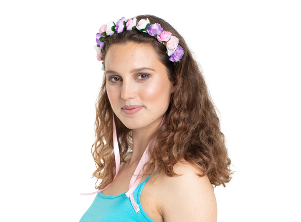 Tiara med blomster og bånd 1 Blomstertiara med rosa sløyfebånd