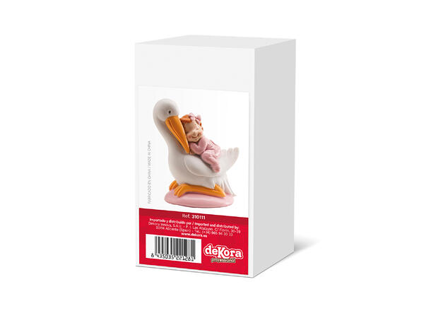 Barnedåp - Lyserosa baby på stork 1 Kakefigur i plast - 10cm