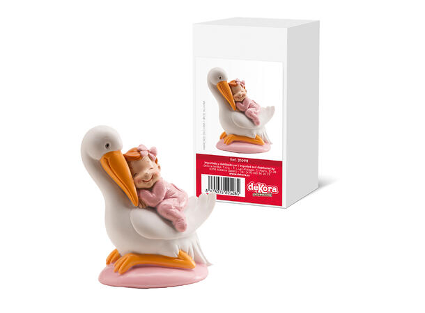 Barnedåp - Lyserosa baby på stork 1 Kakefigur i plast - 10cm