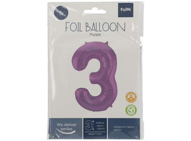 Tallballong - Matt Lilla 3 1 Folieballong - 86cm (34")