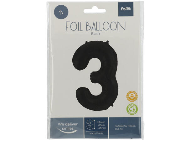 Tallballong - Matt Sort 3 1 Folieballong - 86cm (34")