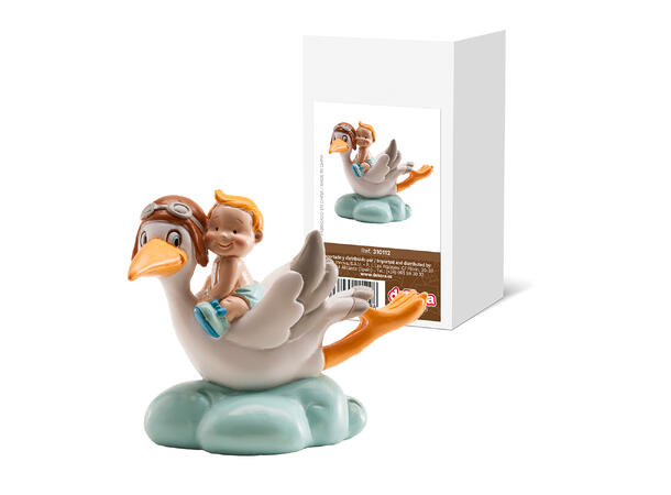 Barnedåp -Lyseblå baby på flyvende stork 1 Kakefigur i plast - 10cm 