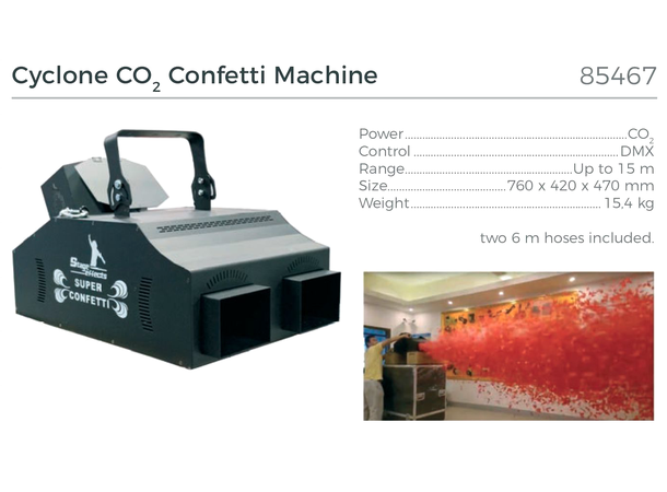 Cyclone CO2 confetti machine Mål: 76x42x47cm - 15,4kg