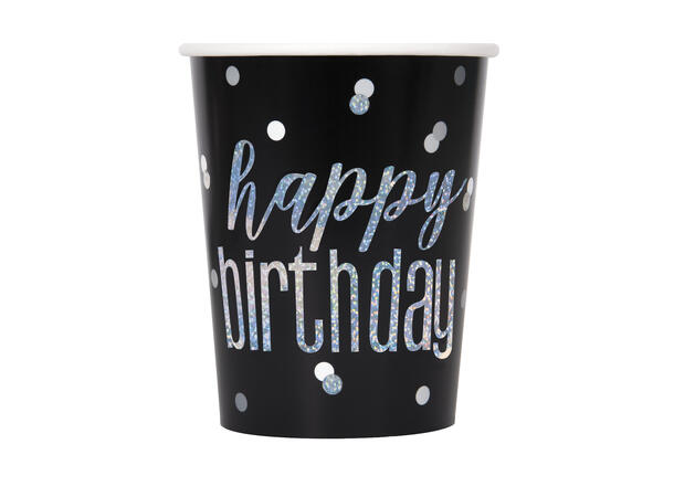 Sort & Sølv Glitz Prism-"Happy Birthday" 8 Kopper i papp - 2,5dl