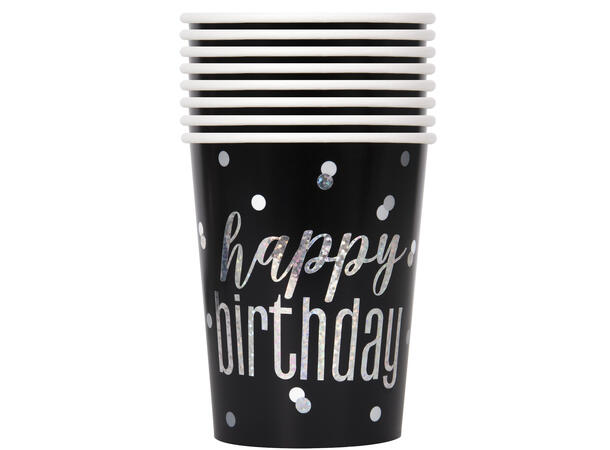 Sort & Sølv Glitz Prism-"Happy Birthday" 8 Kopper i papp - 2,5dl