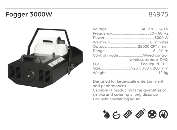 Tåkemaskin - 3000w Mål: 72,5x35x26cm - 11kg