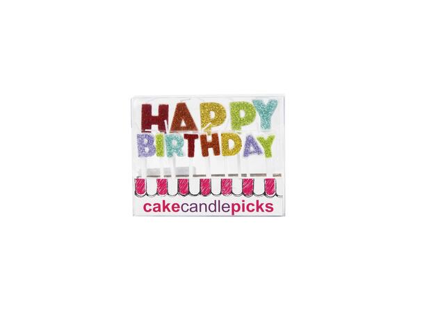 "HAPPY BIRTHDAY" rainbow glitter 13 Kakelys på pinne - Fra 5,5-7cm