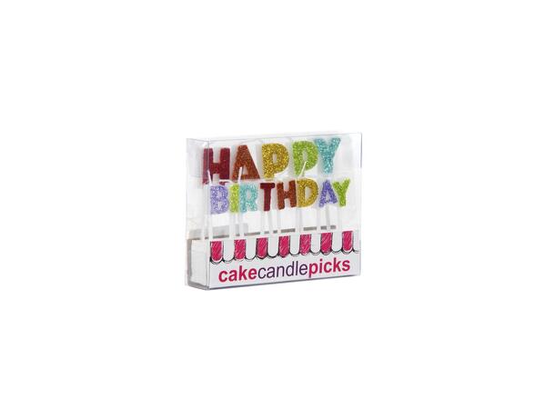 "HAPPY BIRTHDAY" rainbow glitter 13 Kakelys på pinne - Fra 5,5-7cm