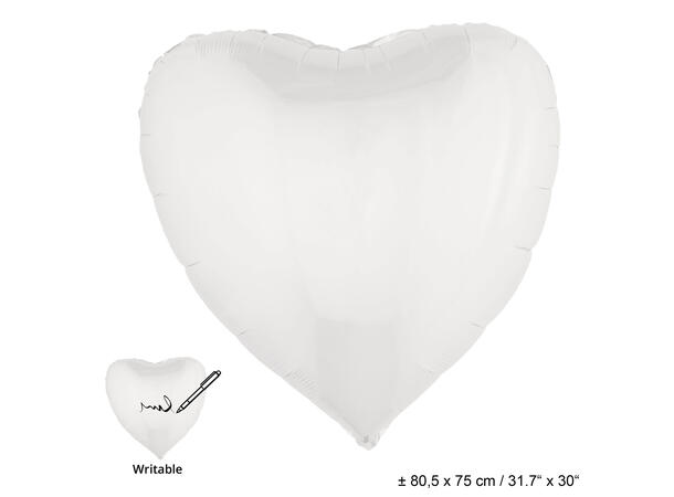Folieballong hjerte - Ensfarget hvit 1 Folieballong - 77cm (30")