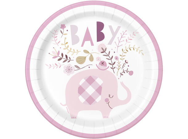 Pink Floral Elephant 8 Plastfrie tallerkener i papp - 23cm
