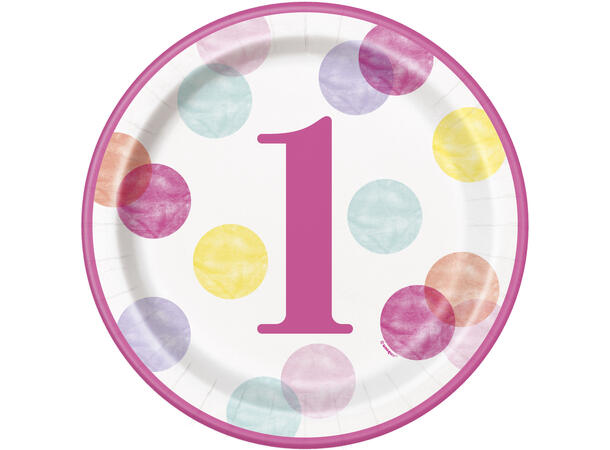 Rosa Dots Første Bursdag 8 Plastfrie tallerkener i papp - 23cm