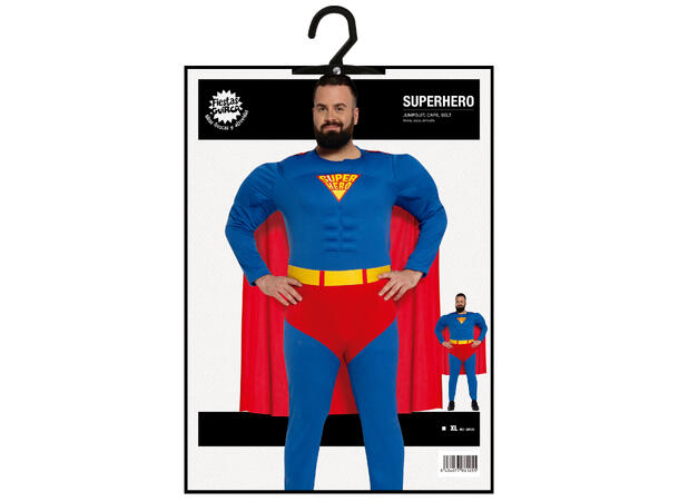 Superhelt - Blå m/Rød kappe og truse 1 Herrekostyme - Str 54-56 (XL) 