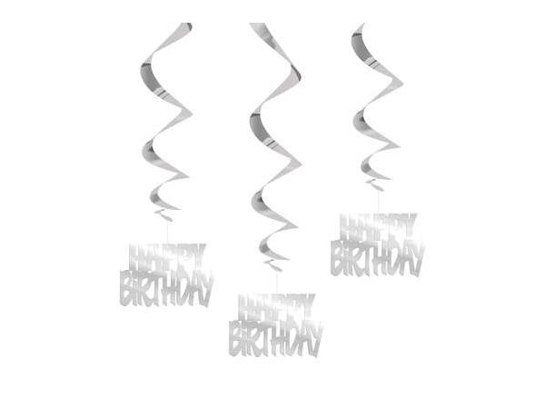 Sølv Folie - "Happy Birthday" hengedekor 3 Hengedekorasjoner virvel - 81cm