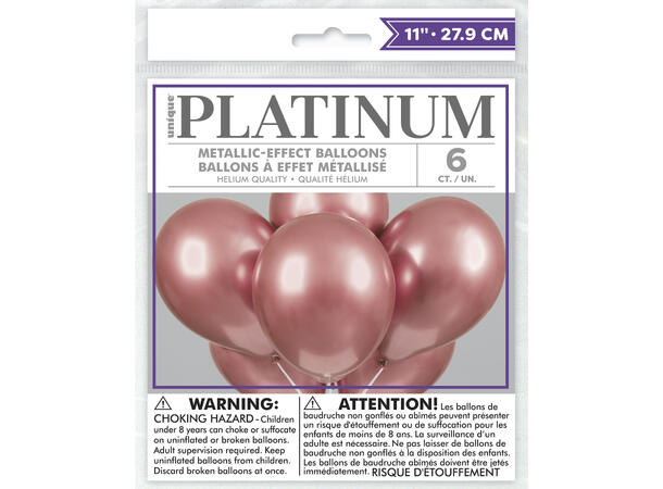 Ensfarget Platinum - Rosegull 6 Gummiballonger - 28cm (11")