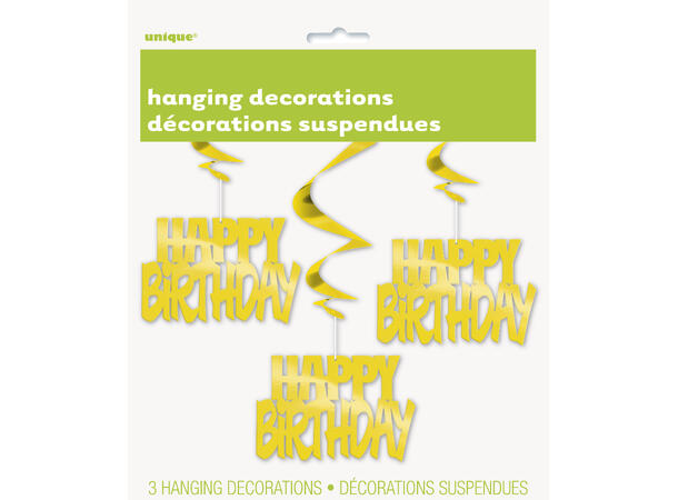 Gull Folie - "Happy Birthday" hengedekor 3 Hengedekorasjoner virvel - 81cm