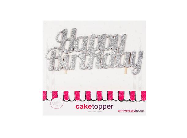 1 Glitter "Happy Birthday" Sølv Kaketopp med trepinner - Mål: 9x18cm