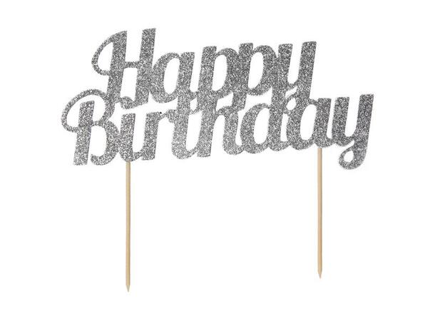 1 Glitter "Happy Birthday" Sølv Kaketopp med trepinner - Mål: 9x18cm