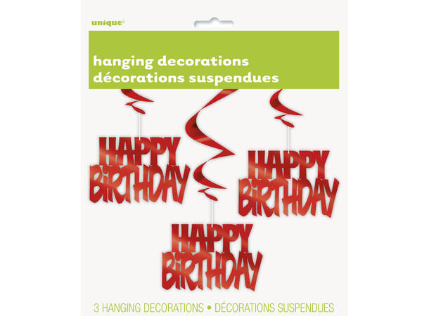 Rød Folie - "Happy Birthday" hengedekor 3 Hengedekorasjoner virvel - 81cm