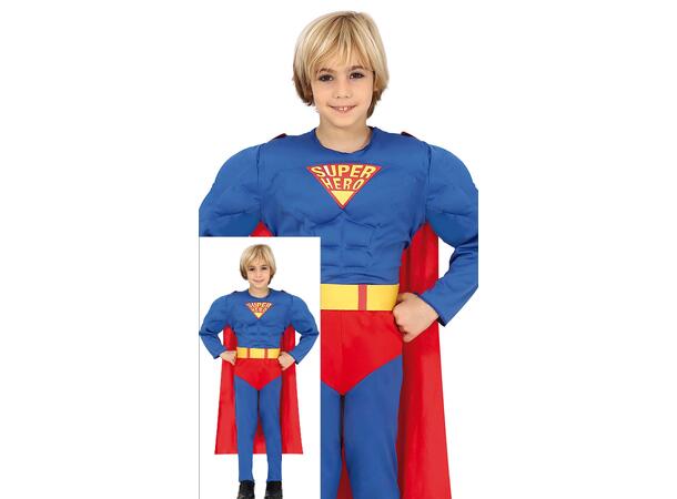 Superhelt - Blå m/Rød kappe og truse 1 Barnekostyme til gutt - Str 7-9 år 