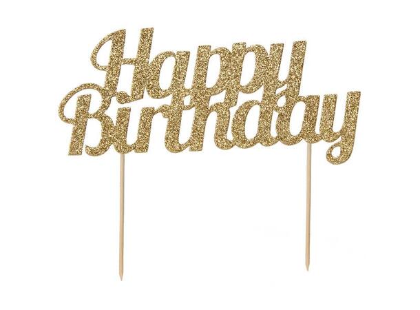1 Glitter "Happy Birthday" Gull Kaketopp med trepinner - Mål: 9x18cm