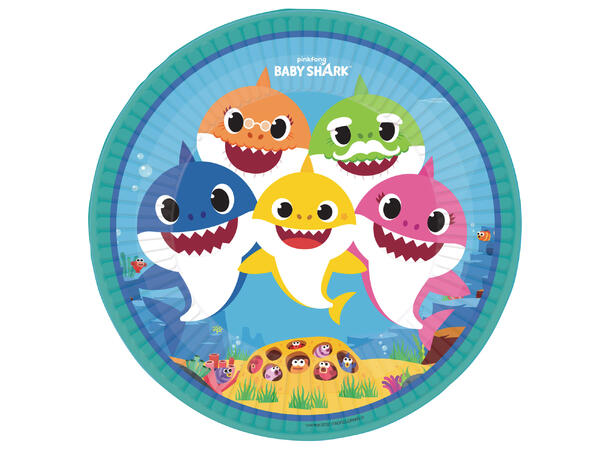 Baby Shark 8 Runde tallerkener i papp - 23cm 