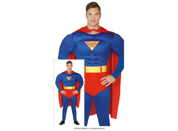 Superhelt - Blå m/Rød kappe og truse 1 Herrekostyme - Str 52-54 (L) 