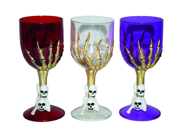 Vinglass med skjeletthånd - 3 assorterte 1 Vinglass i plast - 17x8cm