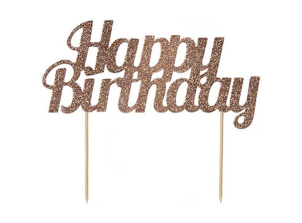 1 Glitter "Happy Birthday" Rosegull Kaketopp med trepinner - Mål: 9x18cm