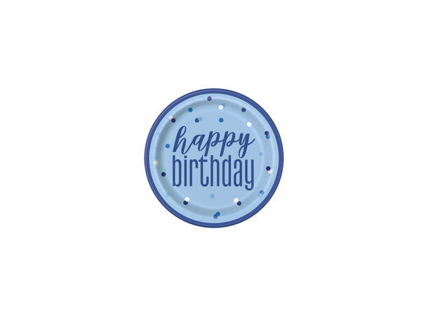 Blå & Sølv Glitz - "Happy Birthday" 8 Plastfrie tallerkener i papp - 23cm
