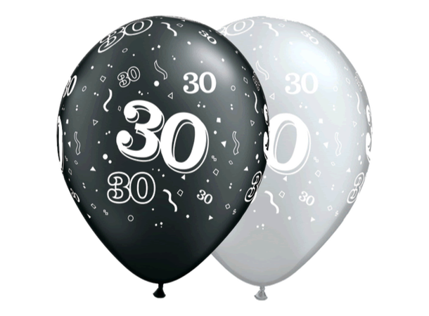 30-a-round - Sort og Sølv 25 gummiballonger - 28cm (11")