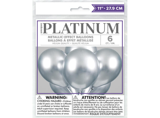 Ensfarget Platinum - Silver 6 Gummiballonger - 28cm (11")