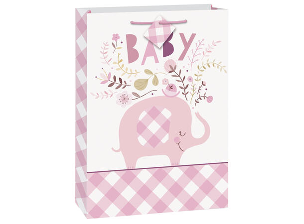 Pink Floral Elephant 1 Stor gavepose i papir - 30x27cm
