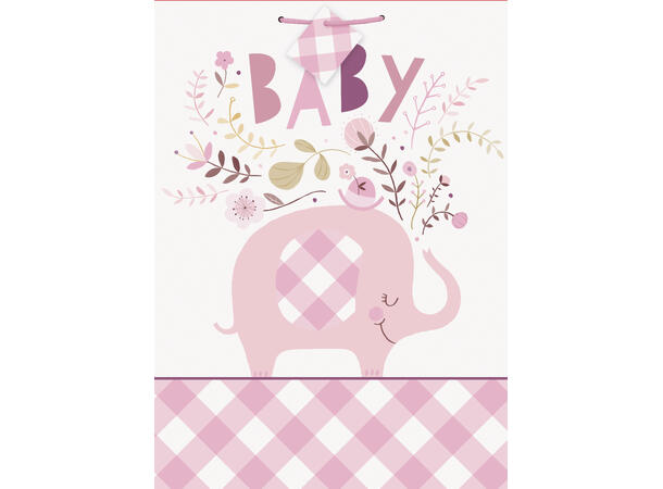 Pink Floral Elephant 1 Stor gavepose i papir - 30x27cm