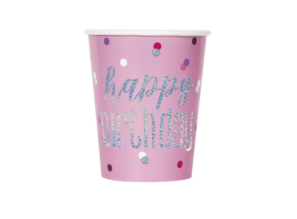 Rosa & Sølv Glitz - "Happy Birthday" 8 Kopper i papp - 2,5dl