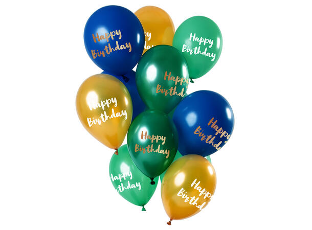 Happy Birthday - Blå, Grønn, Gull 12 Gummiballonger - 12" (30cm)