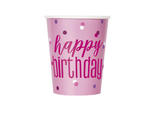 Rosa & Sølv Glitz - "Happy Birthday" 8 Kopper i papp - 2,5dl