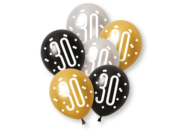 Sort & Sølv Glitz - #30 6 Gummiballonger - 30cm (12") - 3 farger