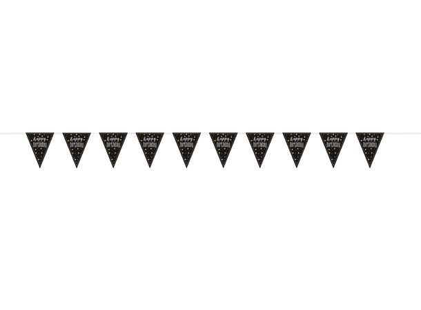 Sort & Sølv Glitz - "Happy Birthday" 1 Flaggbanner i plast - 2,9m