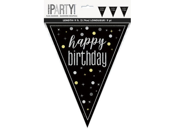Sort & Sølv Glitz - "Happy Birthday" 1 Flaggbanner i plast - 2,9m