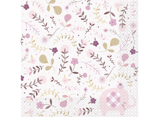 Pink Floral Elephant 16 Lunchservietter - 33x33cm