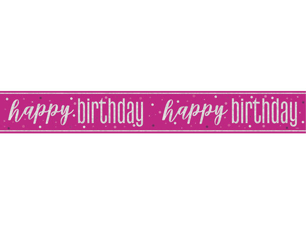 Rosa & Sølv Glitz - "Happy Birthday" 1 Foliebanner - 2,9m